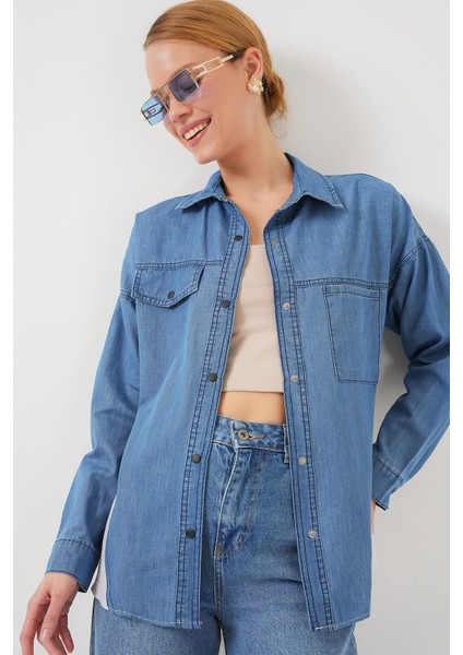 Kadın BDART Cep Detaylı Çizgili Denim Gömlek Maya Mavisi indirimleri