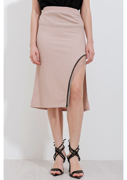 Kadın BDART Zincir Detaylı Dokulu Midi Etek Natural