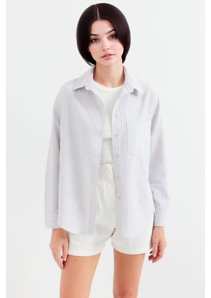 Kadın BDART Cep Detaylı Geniş Kesim Çizgili Poplin Gömlek Natural