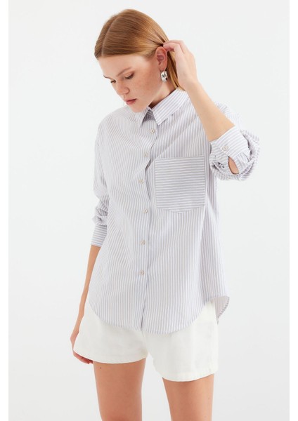 Kadın BDART Cep Detaylı Geniş Kesim Çizgili Poplin Gömlek Natural fiyatları