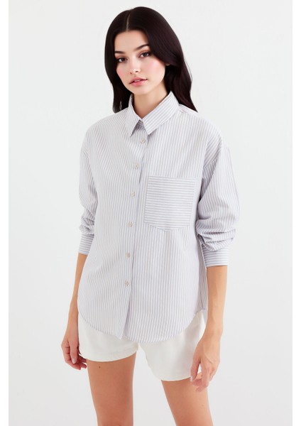 Kadın BDART Cep Detaylı Geniş Kesim Çizgili Poplin Gömlek Natural modelleri