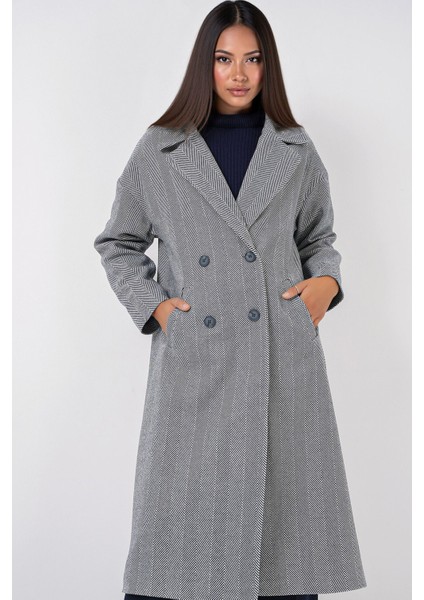 Kadın BDART Oversize Çift Düğmeli Herringbone Palto Lacivert fırsatları