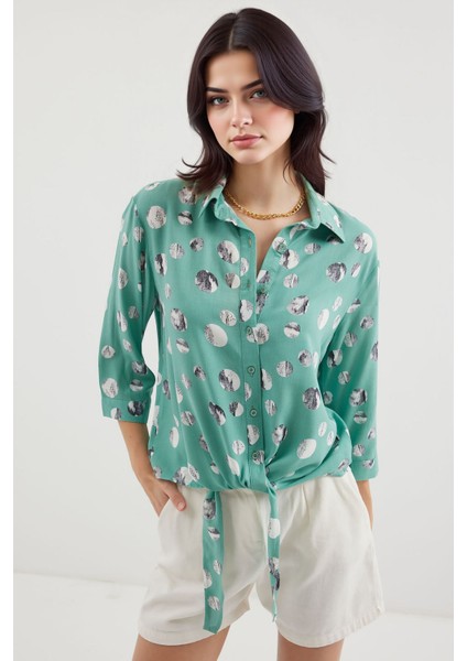 Kadın BDART Fiyonk Detaylı Desenli Viskon Gömlek Zümrüt Yeşili indirimleri