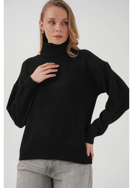Kadın BDART Oversized Ribanalı Yüksek Yaka Kazak Black