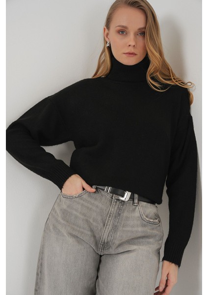Kadın BDART Oversized Ribanalı Yüksek Yaka Kazak Black fırsatları