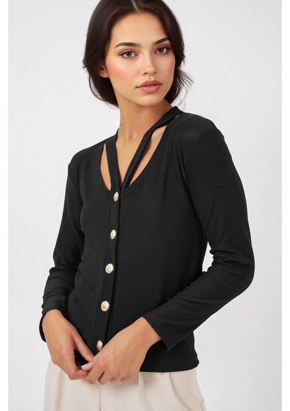 Kadın BDART Düğmeli Ribanalı V-Yaka Hırka Siyah modelleri
