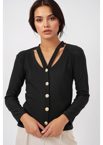Kadın BDART Düğmeli Ribanalı V-Yaka Hırka Siyah fırsatları