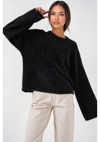 Kadın BDART Rahat Kesim Ribana Triko Kazak Siyah