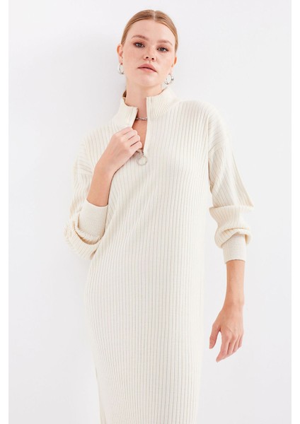 Kadın BDART Yarım Kıyafetli Düğmeli Dokulu Örgü Elbise Krem Doğal modelleri