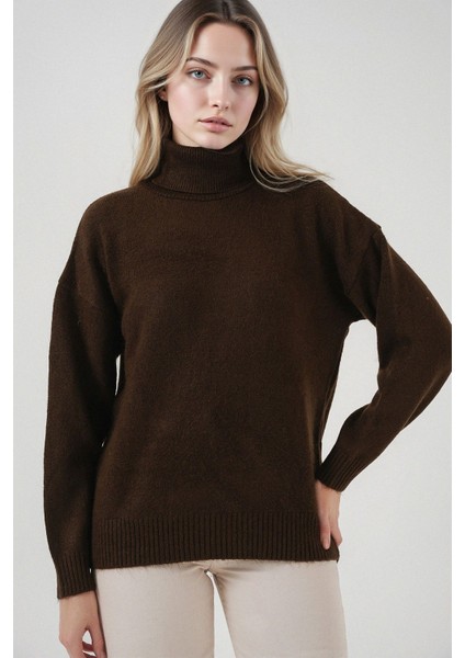 Kadın BDART Oversized Ribanalı Yüksek Yaka Kazak Brown modelleri