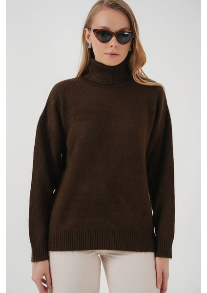 Kadın BDART Oversized Ribanalı Yüksek Yaka Kazak Brown fırsatları