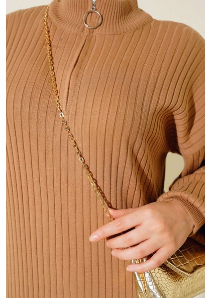 Kadın BDART Yüksek Yaka Ribanalı Triko Elbise Natural modelleri