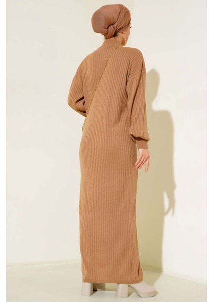 Kadın BDART Yüksek Yaka Ribanalı Triko Elbise Natural fırsatları