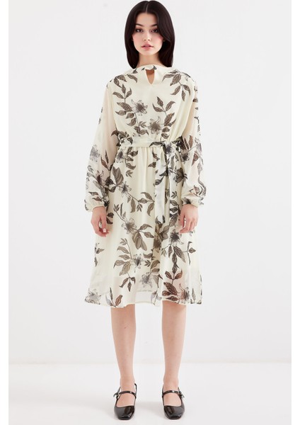 Kadın BDART Çiçek Desenli Midi Elbise ile Çekmeli Fildişi Doğal indirimleri