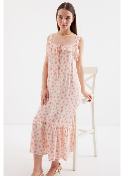 Kadın BDART Kare Yaka ve Volan Detaylı Maxi Elbise Karanfil Pembesi indirimleri