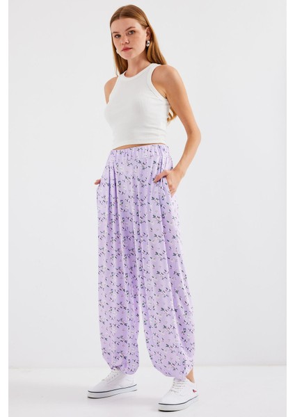 Kadın BDART Çiçek Desenli Geniş Paça Rahat Pantolon Purple