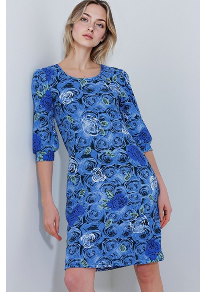 Kadın BDART Üç Çeyrek Kol Boyalı Çiçekli Midi Elbise Peygamber Çiçeği Mavisi fiyatları