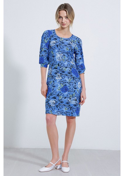 Kadın BDART Üç Çeyrek Kol Boyalı Çiçekli Midi Elbise Peygamber Çiçeği Mavisi modelleri