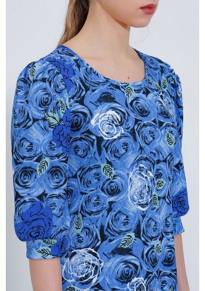 Kadın BDART Üç Çeyrek Kol Boyalı Çiçekli Midi Elbise Peygamber Çiçeği Mavisi fırsatları