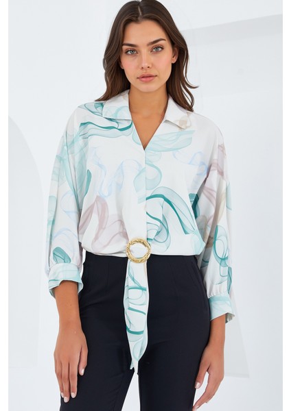 Kadın BDART Pompom Detaylı Desenli Kısa Gömlek Nane Yeşili