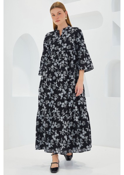 Kadın BDART Çiçek Desenli V Yaka Uzun Elbise, Üç Çeyrek Kollar Black