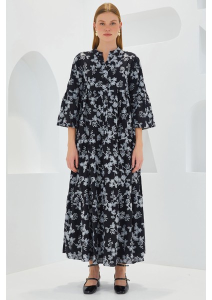 Kadın BDART Çiçek Desenli V Yaka Uzun Elbise, Üç Çeyrek Kollar Black fiyatları