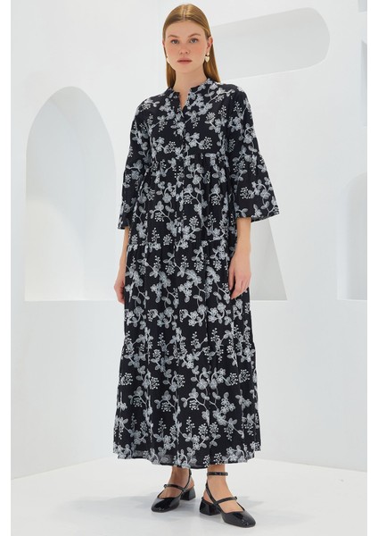 Kadın BDART Çiçek Desenli V Yaka Uzun Elbise, Üç Çeyrek Kollar Black modelleri
