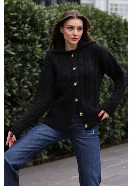 Kadın BDART Dokulu Triko Hırka, Gömlek Yaka Black