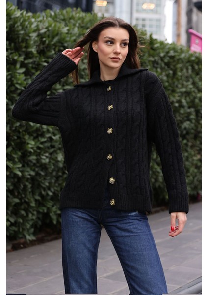 Kadın BDART Dokulu Triko Hırka, Gömlek Yaka Black modelleri