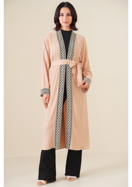 Kadın BDART Şal Yaka İşlemeli Uzun Kimono Deve Kahvesi