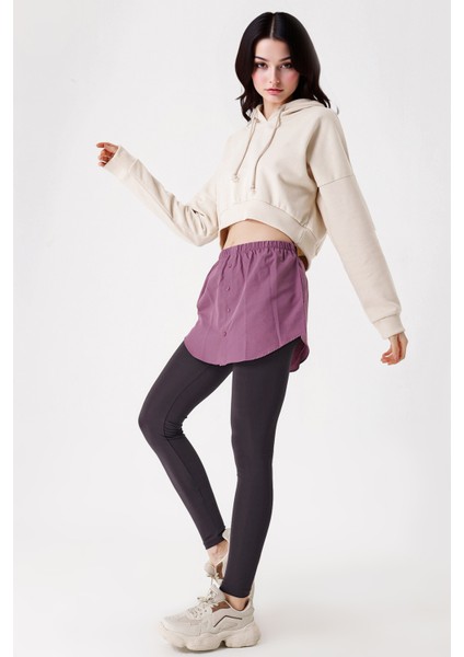 Kadın BDART Butonlu Kapüşonlu Rahat Kesim Crop Hoodie Lila Mor modelleri