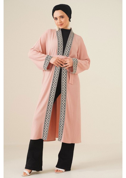 Kadın BDART Şal Yaka İşlemeli Uzun Kimono Pink