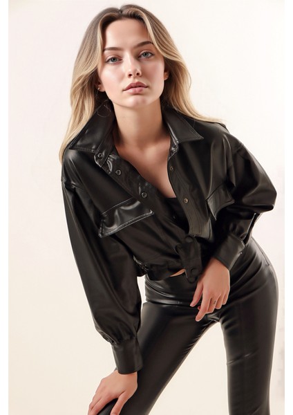 Kadın BDART Pomponlu Düz Deri Kısa Ceket Black