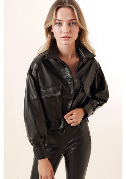 Kadın BDART Pomponlu Düz Deri Kısa Ceket Black modelleri