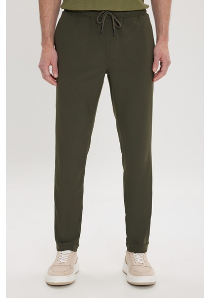 Erkek Haki Slim Fit Rahat Kesim Beli Bağlamalı Yan Cepli Jogger Pantolon