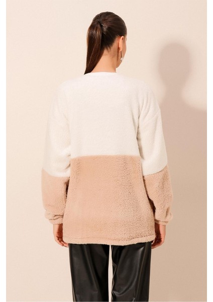 Kadın BDART Yumuşak Peluş Detaylı, Motto Baskılı Rahat Uyumlu Sweatshirt Natural