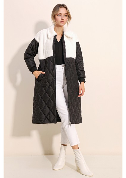 Kadın BDART Şal Yaka Desenli Oversized Uzun Puffer Ceket White fiyatları