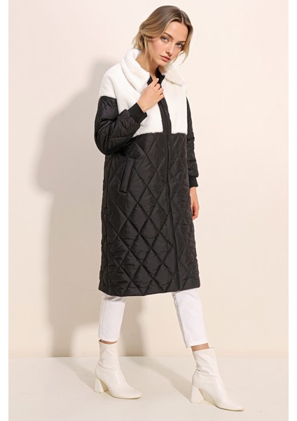 Kadın BDART Şal Yaka Desenli Oversized Uzun Puffer Ceket White fırsatları