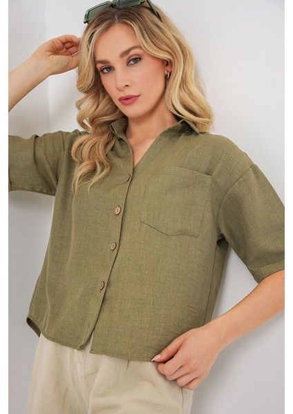 Kadın BDART Keten Karışımlı Kısa Kol Düğmeli Crop Gömlek Green