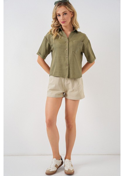 Kadın BDART Keten Karışımlı Kısa Kol Düğmeli Crop Gömlek Green fiyatları