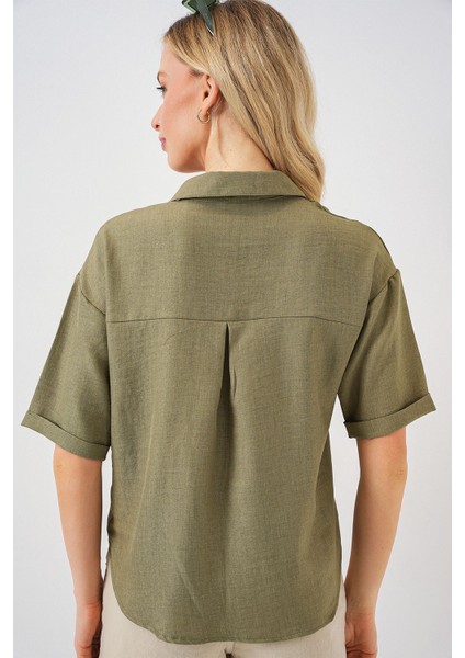 Kadın BDART Keten Karışımlı Kısa Kol Düğmeli Crop Gömlek Green