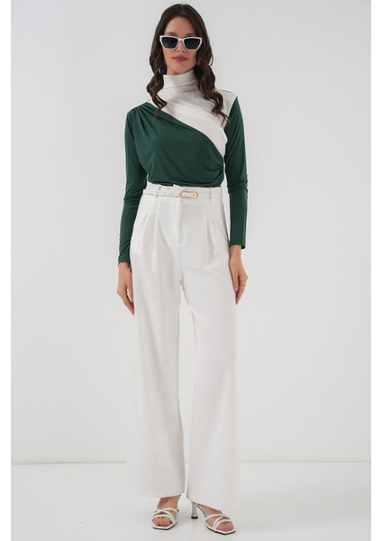 Kadın BDART Fırfırlı Renk Bloklu Yüksek Yaka Bluz Zümrüt Yeşili modelleri