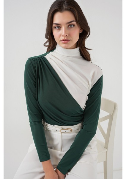 Kadın BDART Fırfırlı Renk Bloklu Yüksek Yaka Bluz Zümrüt Yeşili indirimleri