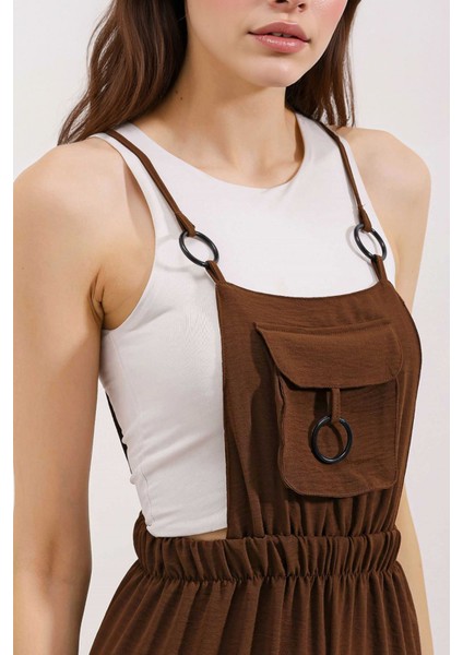 Kadın BDART Rahat Kesim Uzun Kot Tulumu Cebiyle Kestane Kahvesi modelleri