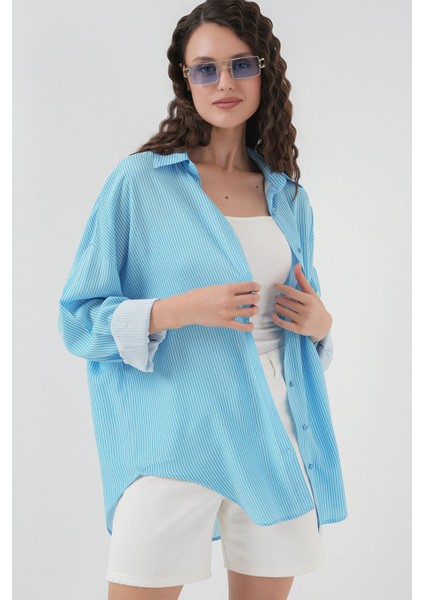 Kadın BDART Düğmeli Kapatma ile Uzun Çizgili Geniş Kesim Gömlek Blue