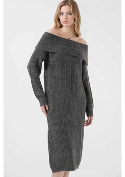 Kadın BDART Büyük Beden Ribanalı Örme Midi Elbise Madonna Yaka Kömür Grisi fırsatları
