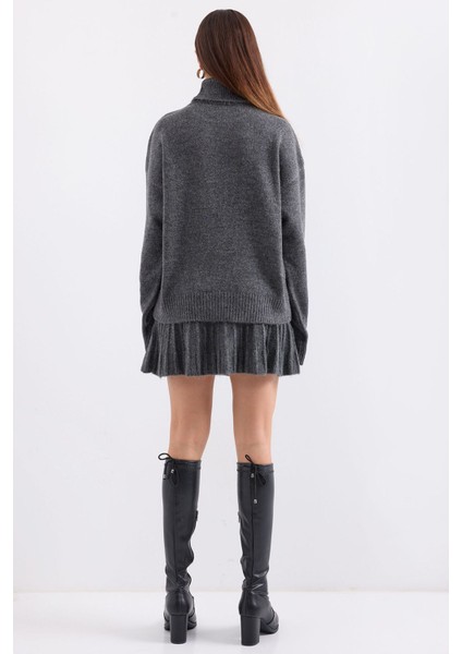 Kadın BDART Dokulu Oversize Yüksek Yaka Örme Takım Kömür Grisi