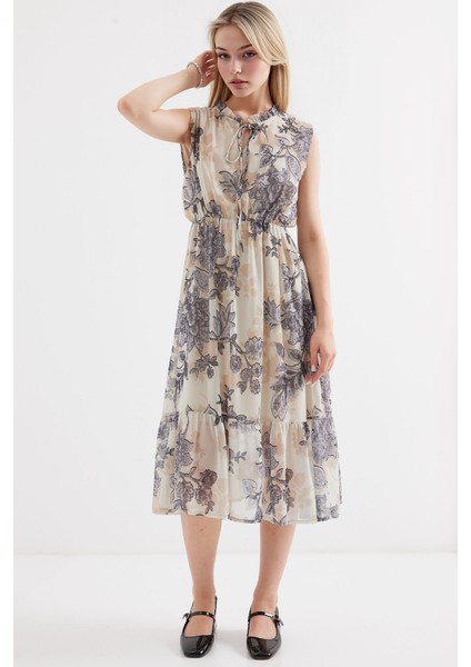 Kadın BDART Çiçek Desenli Midi Elbise ile Kemer Kömür Grisi fiyatları