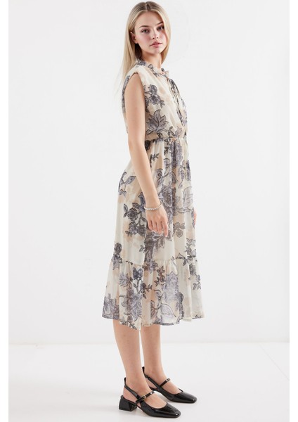 Kadın BDART Çiçek Desenli Midi Elbise ile Kemer Kömür Grisi modelleri