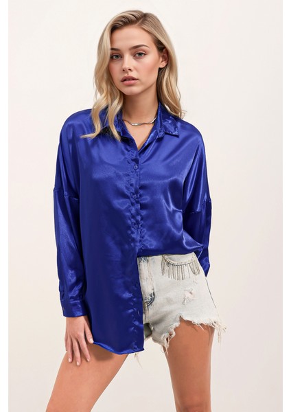 Kadın BDART Düğmeli Oversize Saten Gömlek Blue
